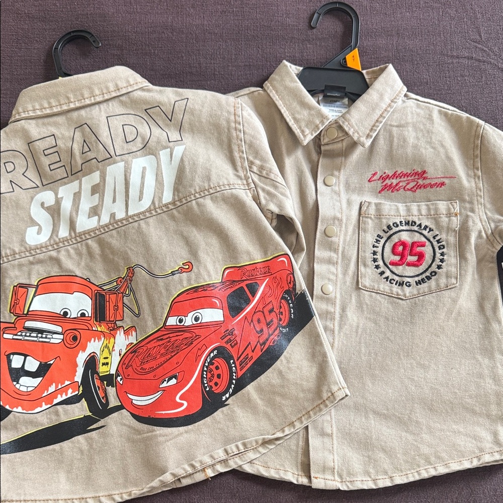NWT Disney Pixar Cars Tan Shirt Jacket with Lightning McQueen & Mater Graphic